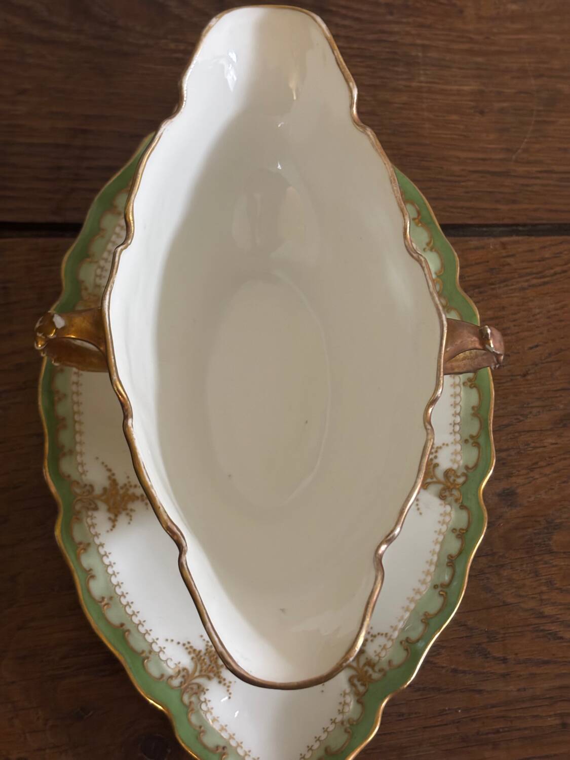 Vintage green Limoges porcelain gravy boat with gilt trim