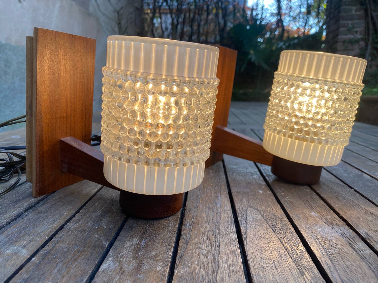 Pair of Scandinavian wall sconces in glass and teak, 1960s