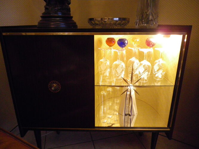 Meuble bar sur roulettes en formica avec miroir et éclairage - Années 50