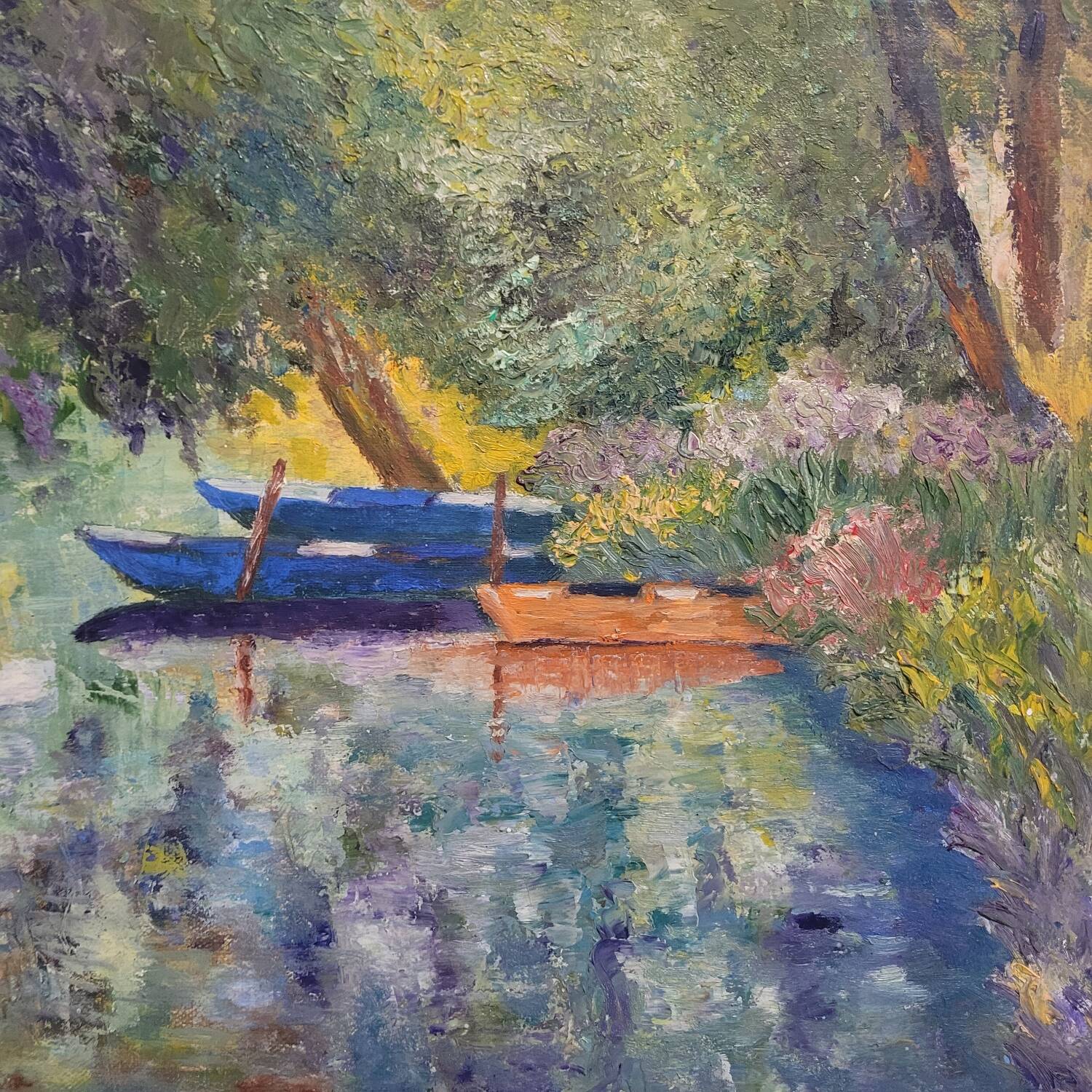 Old painting landscape boats trees 20th century
