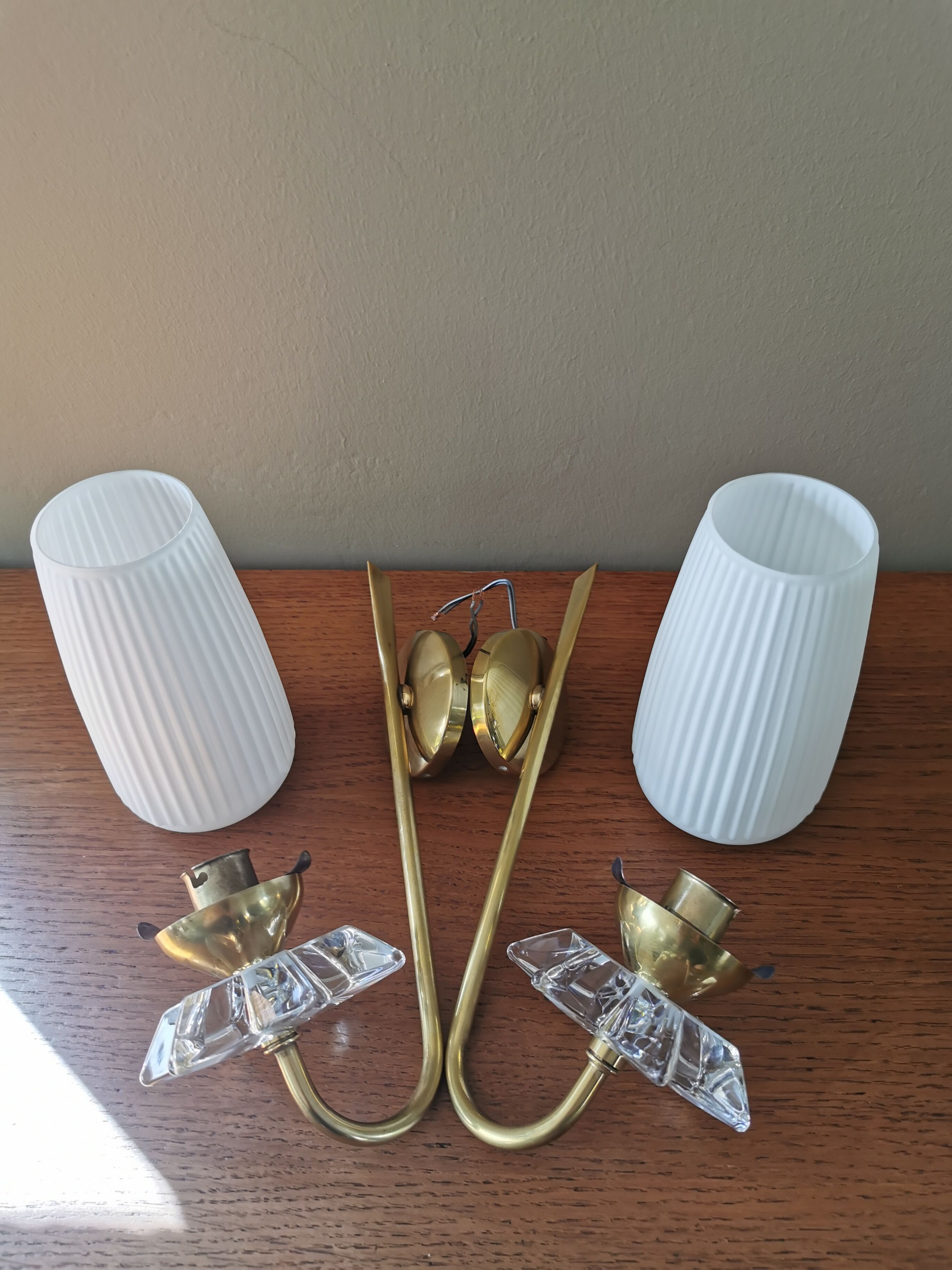 Pair of vintage brass and glass sconces