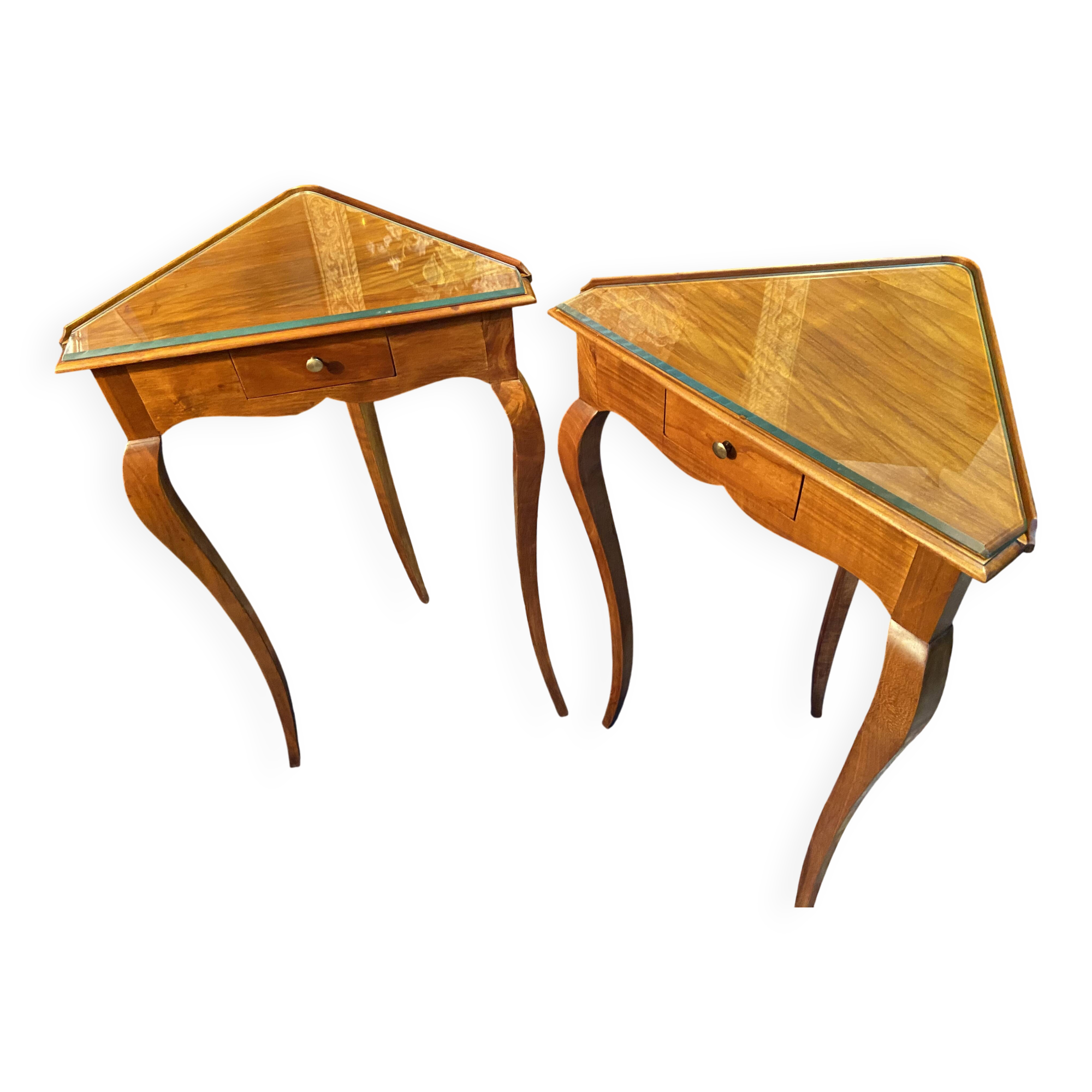 Pair of corner side tables in solid blond walnut Loui.