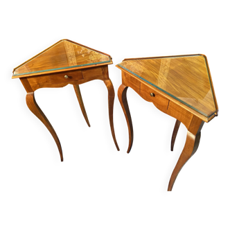 Pair of side tables, corner tables, solid blond walnut, Loui