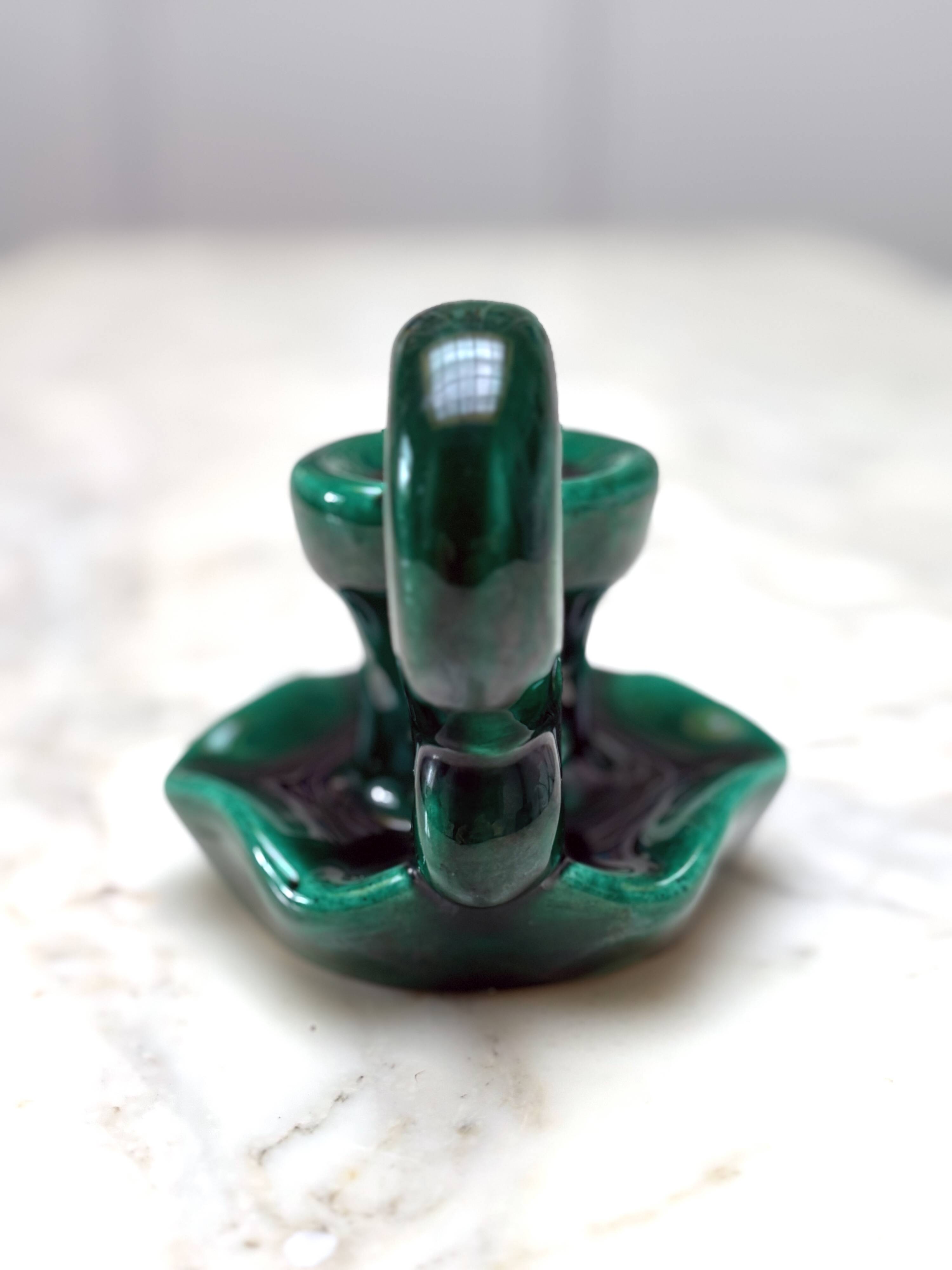 Beautiful vintage candle holder in green slip – glazed ceramic