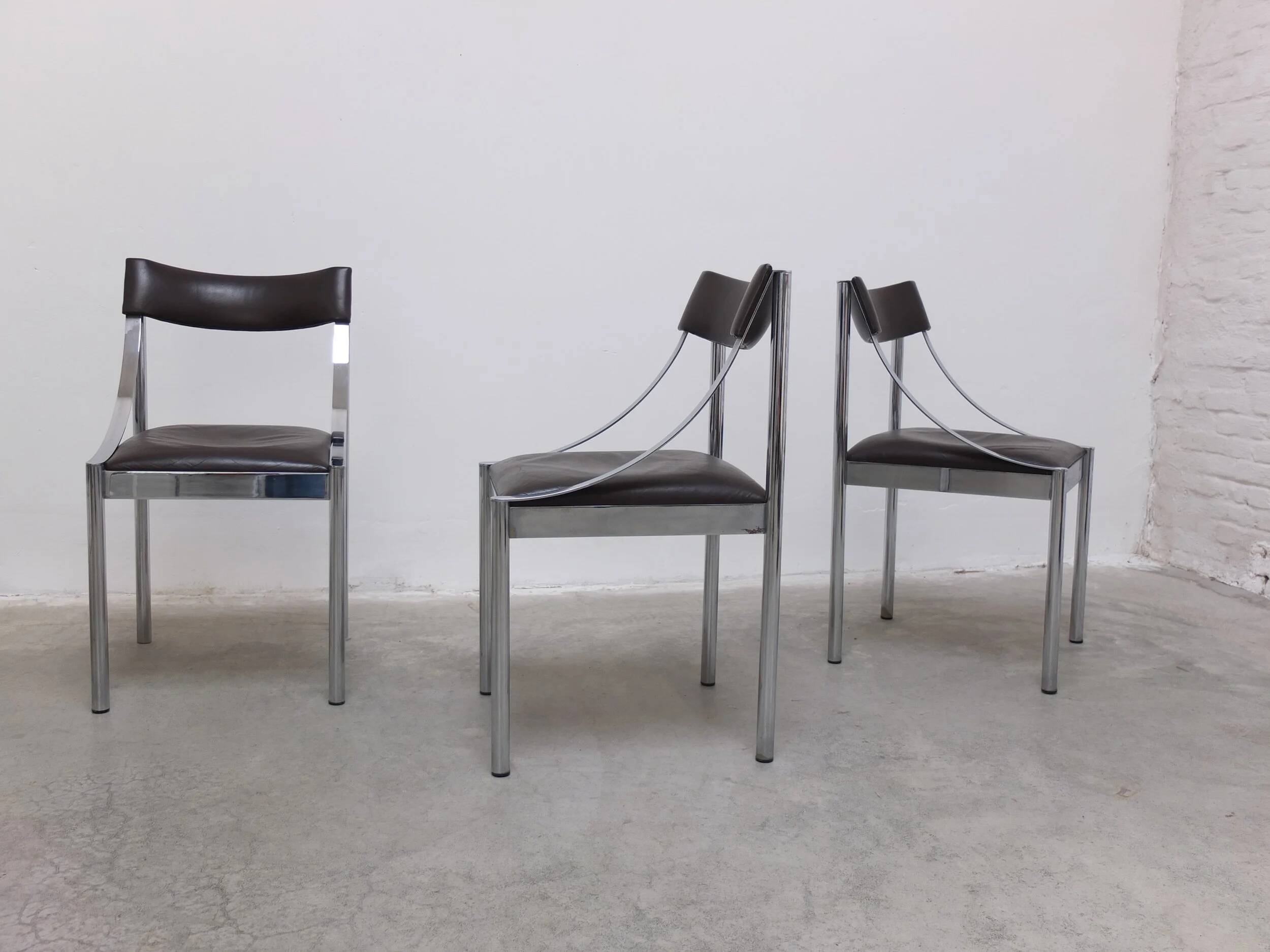 Set of 4 Italian chrome & leather dining chairs, 1970s