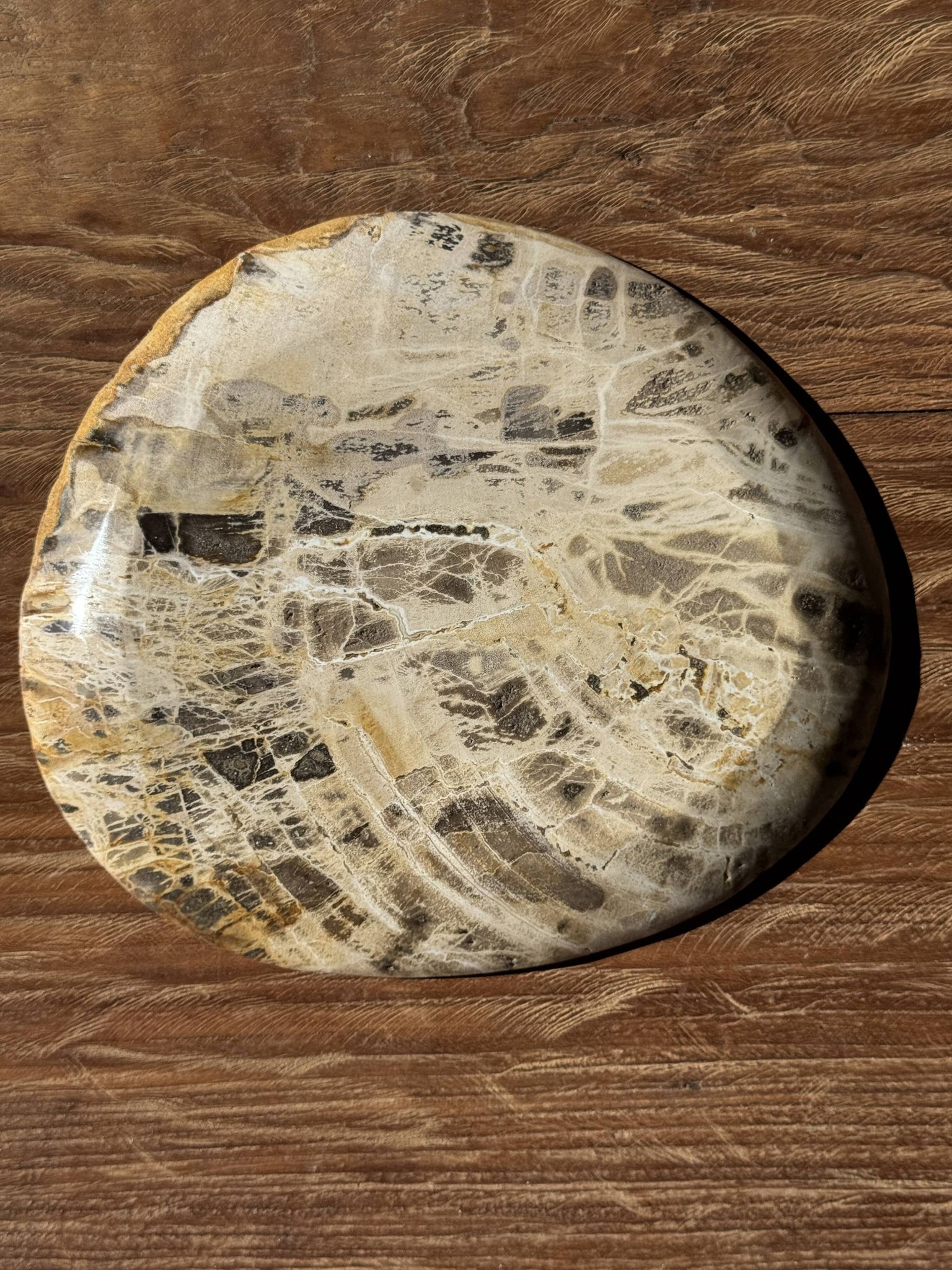 Petit vide poche ou plat en bois pétrifié blanc quadrillé brun D25-20,5