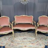 Louis XV style seat and bench set in pink fabric