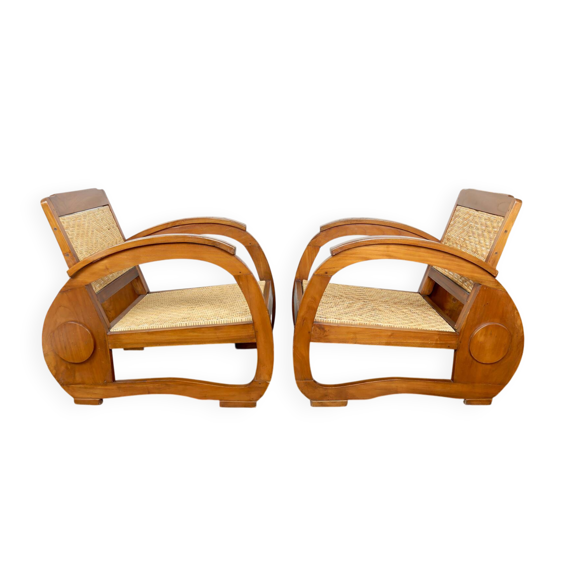 Pair of Teak Armchairs with Woven Rattan Seats, Colonial Art Deco, 1925