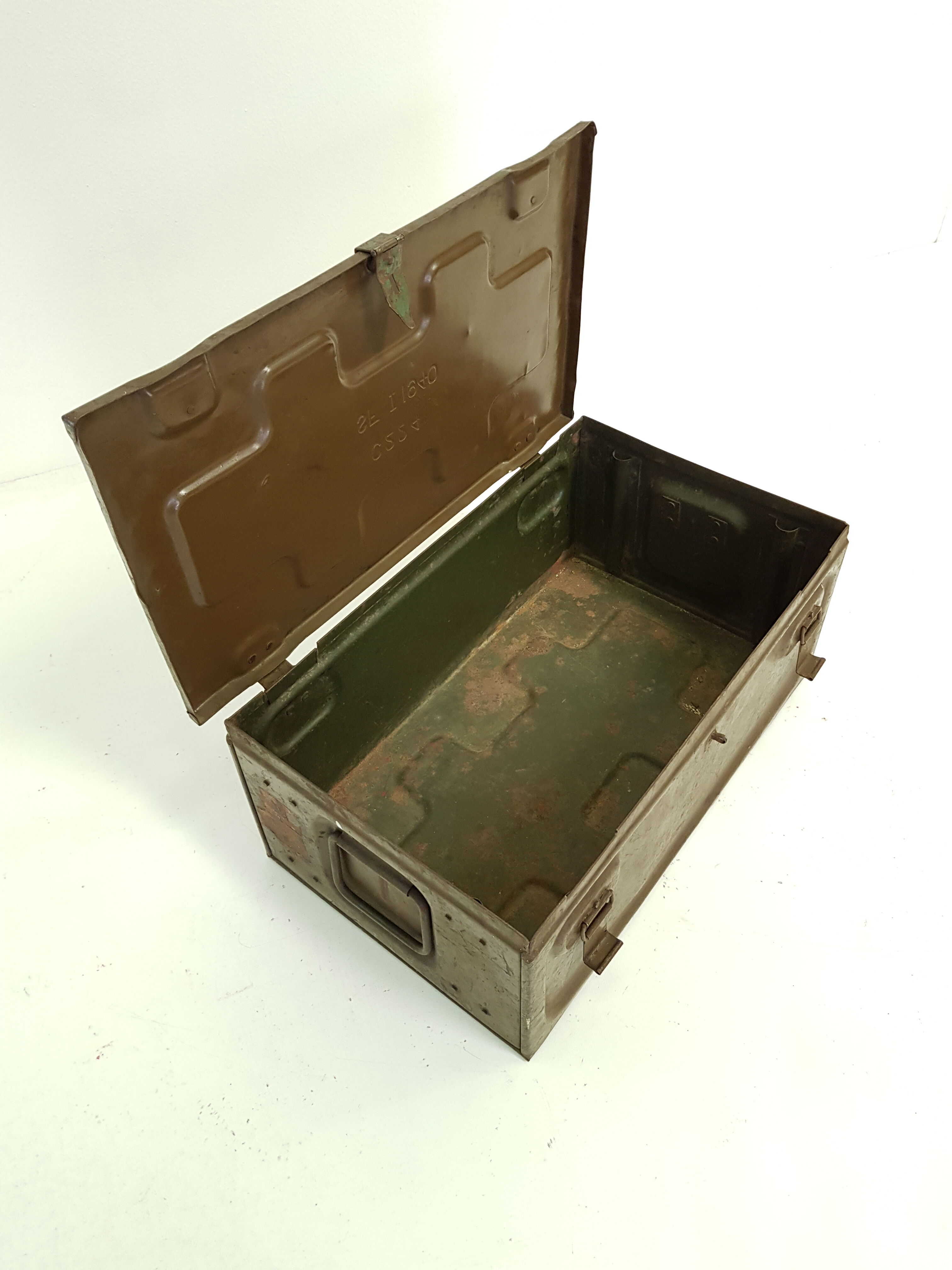 Old crate or military trunk metal patina original vintage canteen