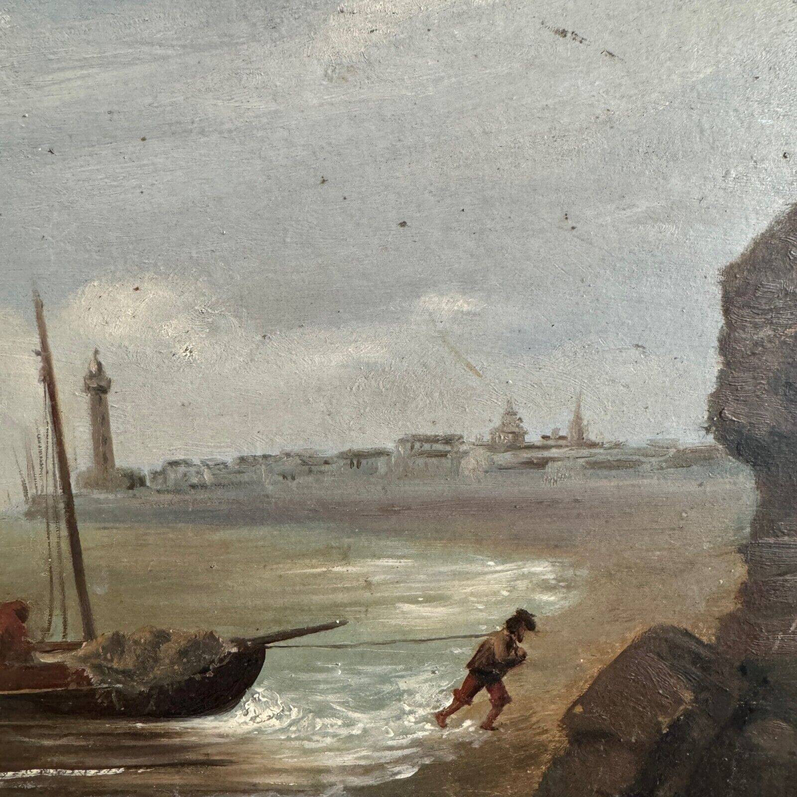 Oil on cardboard by R. Coubinier 1887 boat on a rocky coast