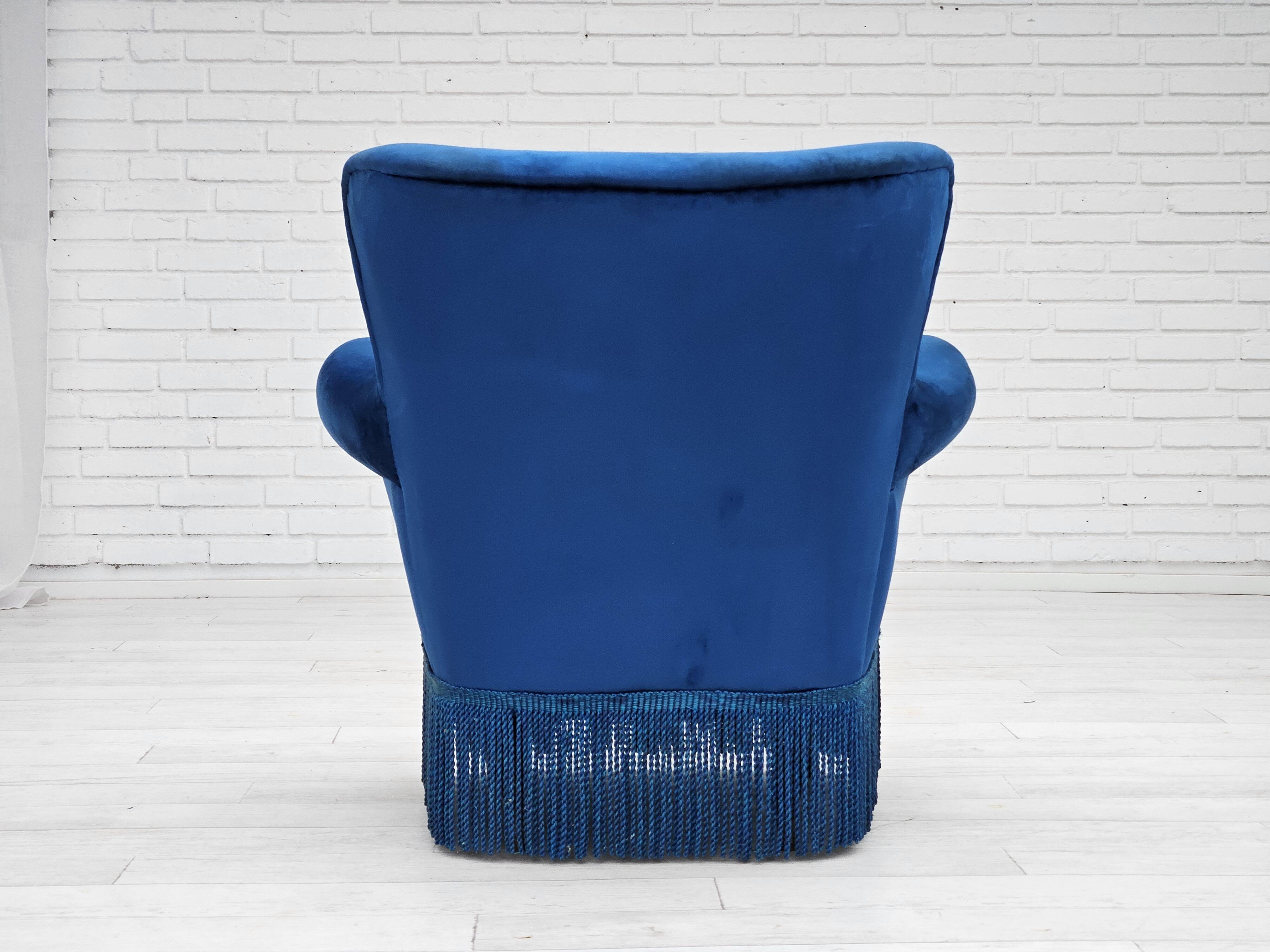 1960s, Danish lounge chair, blue furniture velour, beech wood legs.