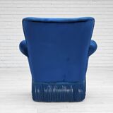 1960s, Danish lounge chair, blue furniture velour, beech wood legs.