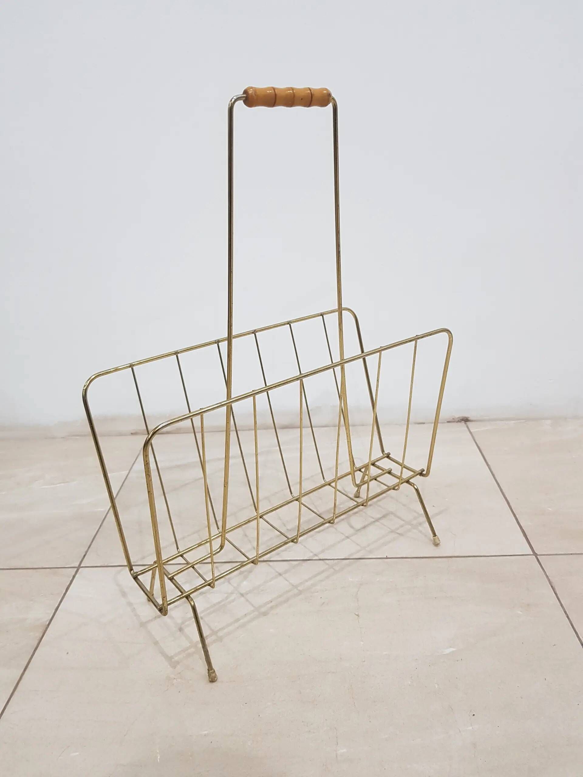 Magazine rack, gold metal, brown wood, Germany, 1970s