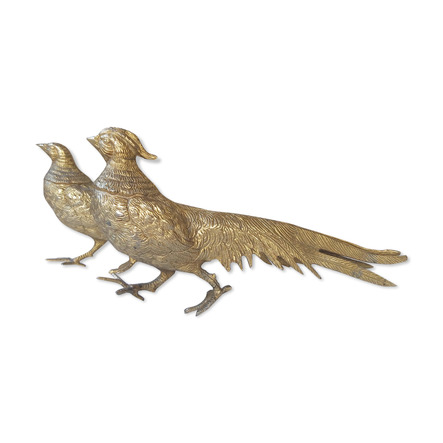 Set of 2 brass sculptures, pheasant couple