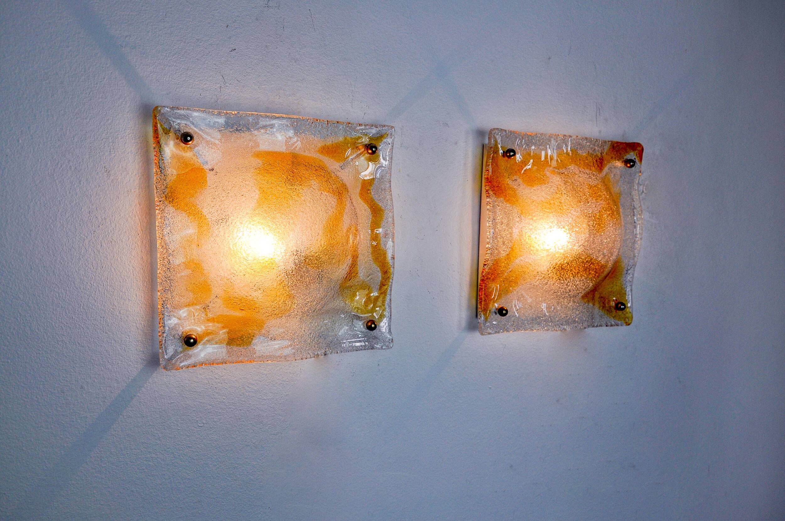 Pair of Murano Mazzega Orange wall lights, Italy, 1970