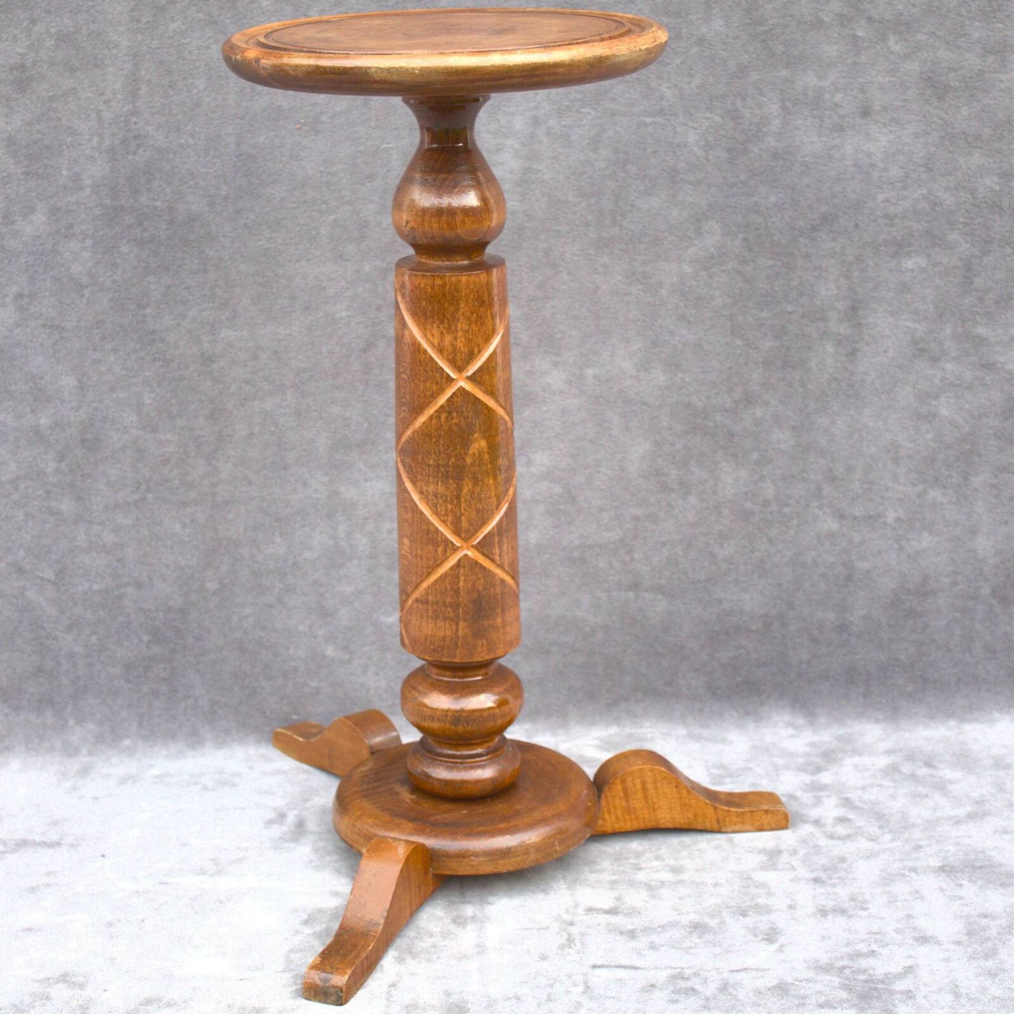 Antique Solid Wood Bonsai Pedestal Table, Ornate Carved Column, Elegant Home Decoration