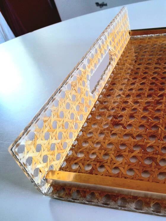 Cane and lucite tray, Alpac 1980