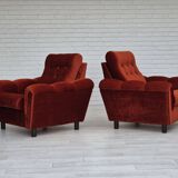 Années 1980, fauteuil relax danois meuble en velours marron/rouge.