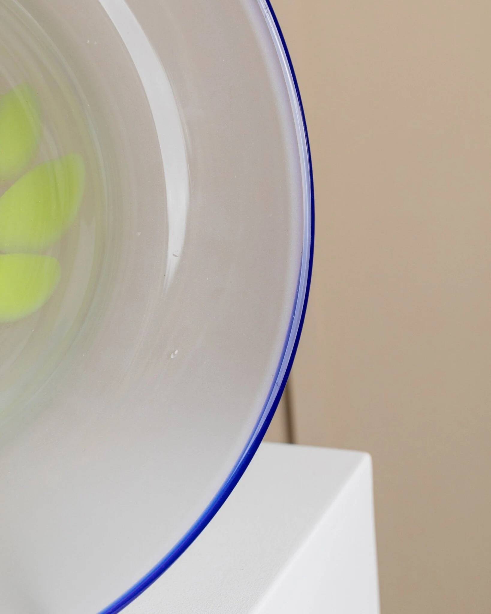 XL Vintage Murano Glass Bowl with Blue Rim and Multicolor Dots – Mouth-Blown Italian Glass, 1980s Pop Art