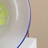 XL Vintage Murano Glass Bowl with Blue Rim and Multicolor Dots – Mouth-Blown Italian Glass, 1980s Pop Art