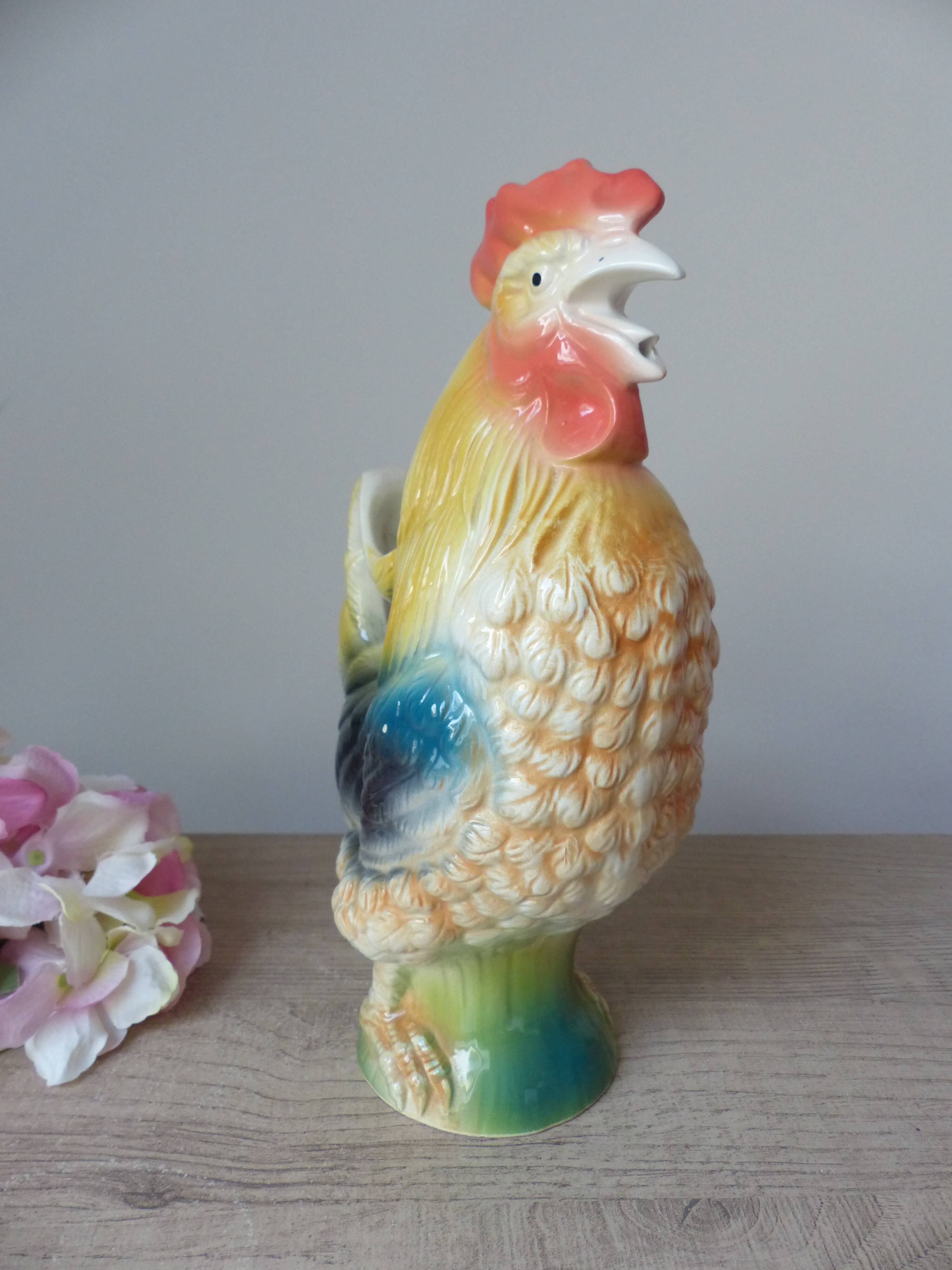 Vintage ceramic jug rooster – soft yellow and blue colours, vintage.