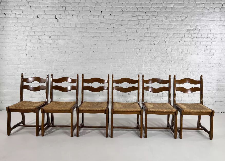 Set of 6 1950s chairs in wood and straw