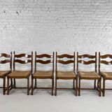 Set of 6 1950s chairs in wood and straw