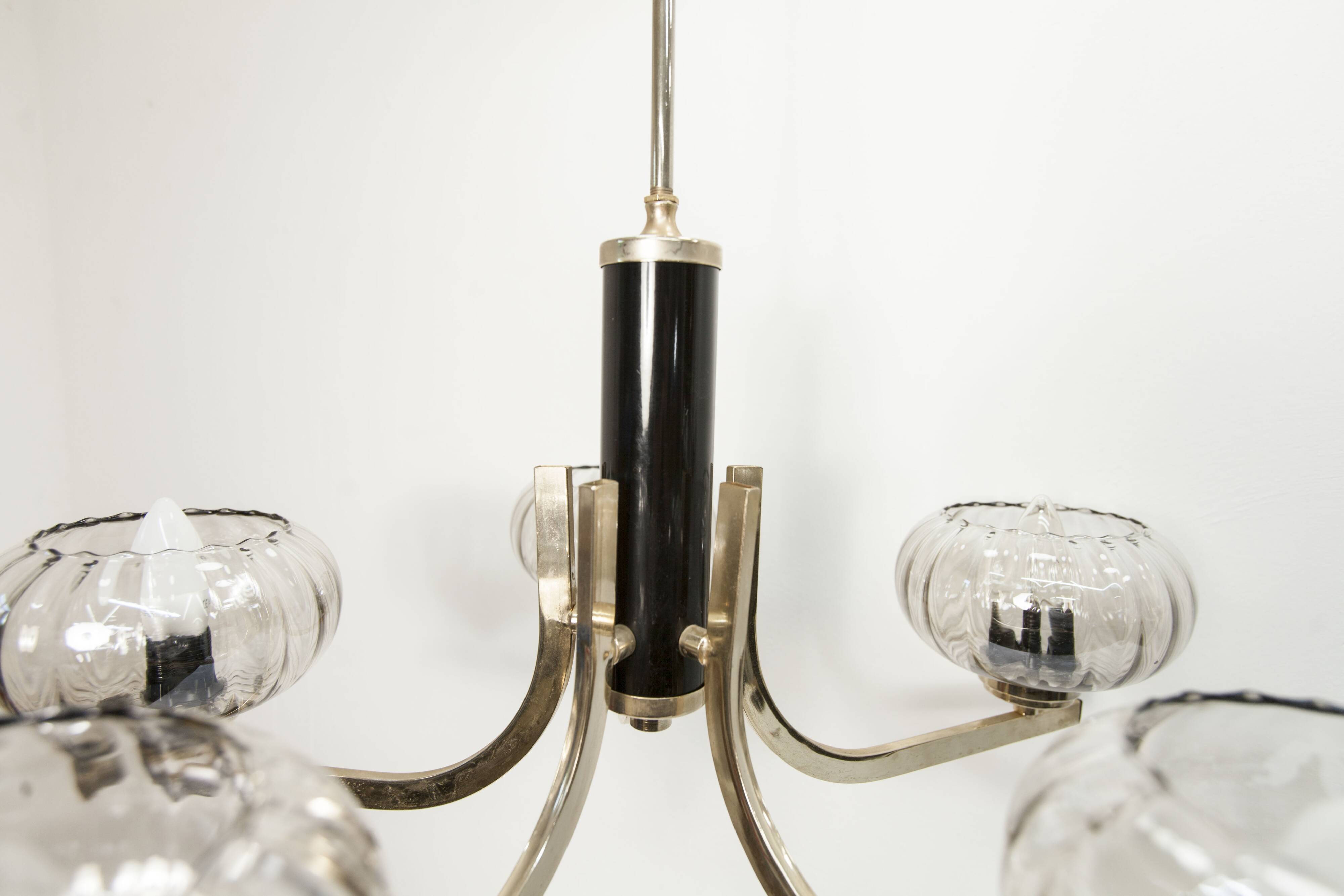 See Delmas chandelier, 5 branches, black and gold, transparent glass, 1960