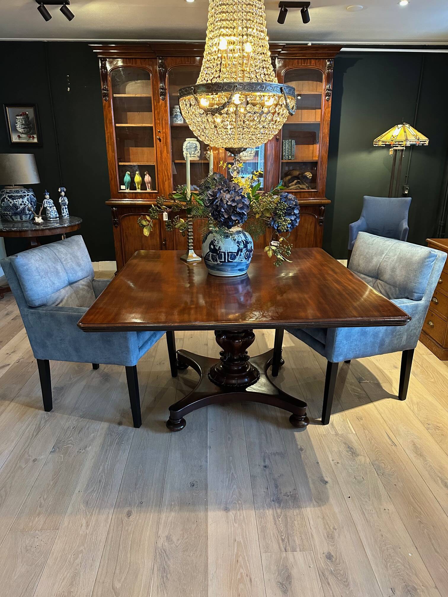 19th century almost square antique mahogany dining table.