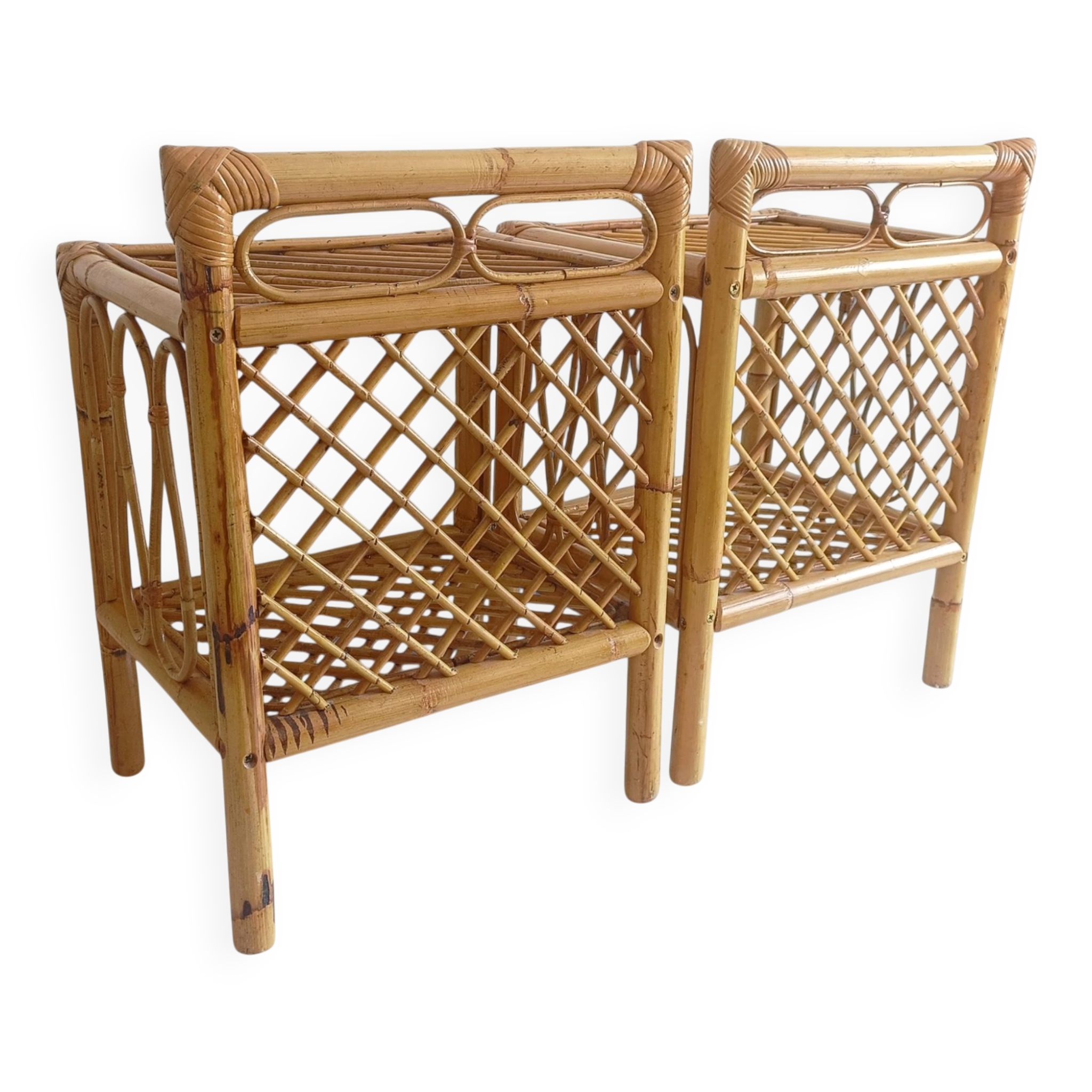 Mid-Century Bamboo and Rattan Nightstands, Spain, Hand-Crafted, 1970s