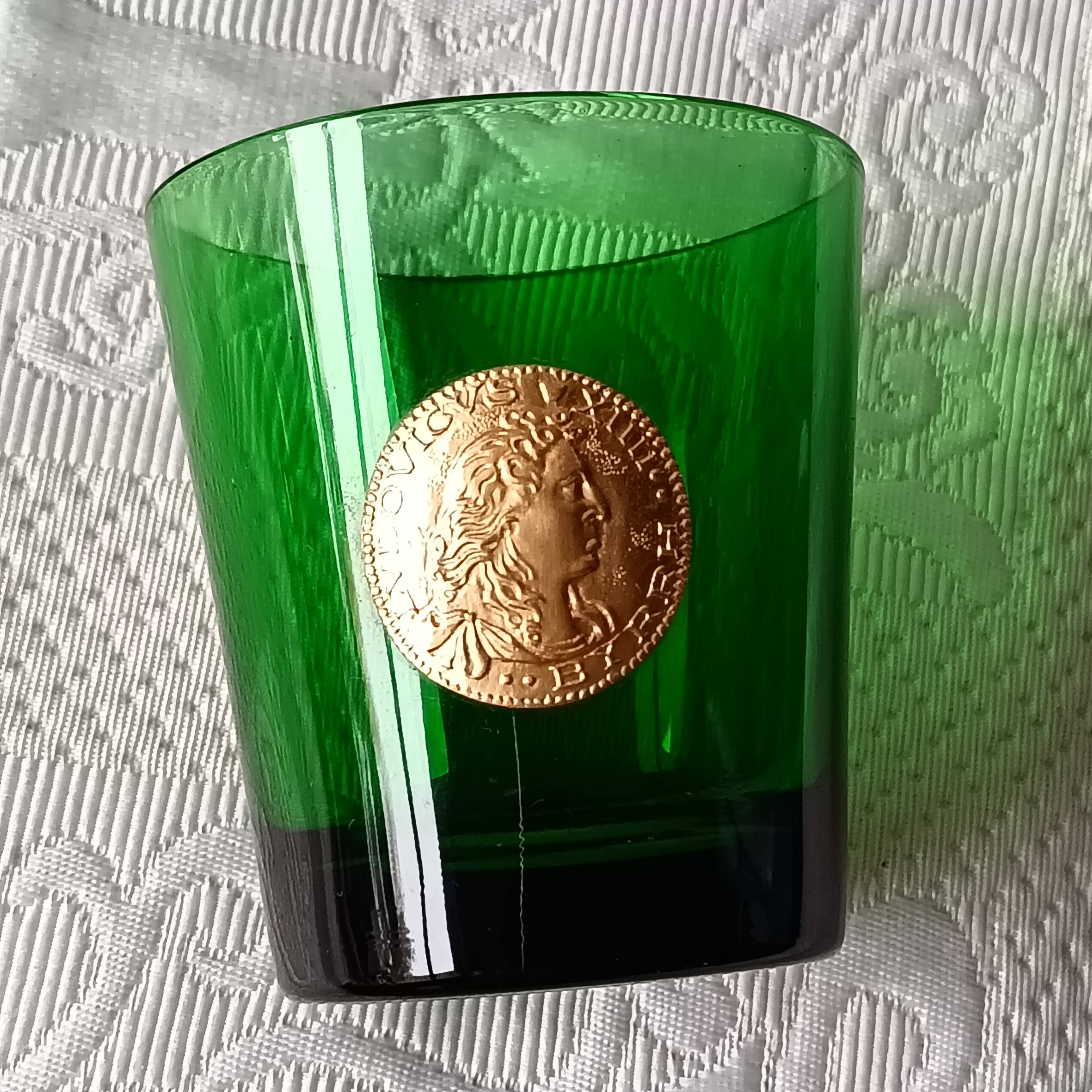 4 green dubonnet byrrh glasses with medallion of the kings of france