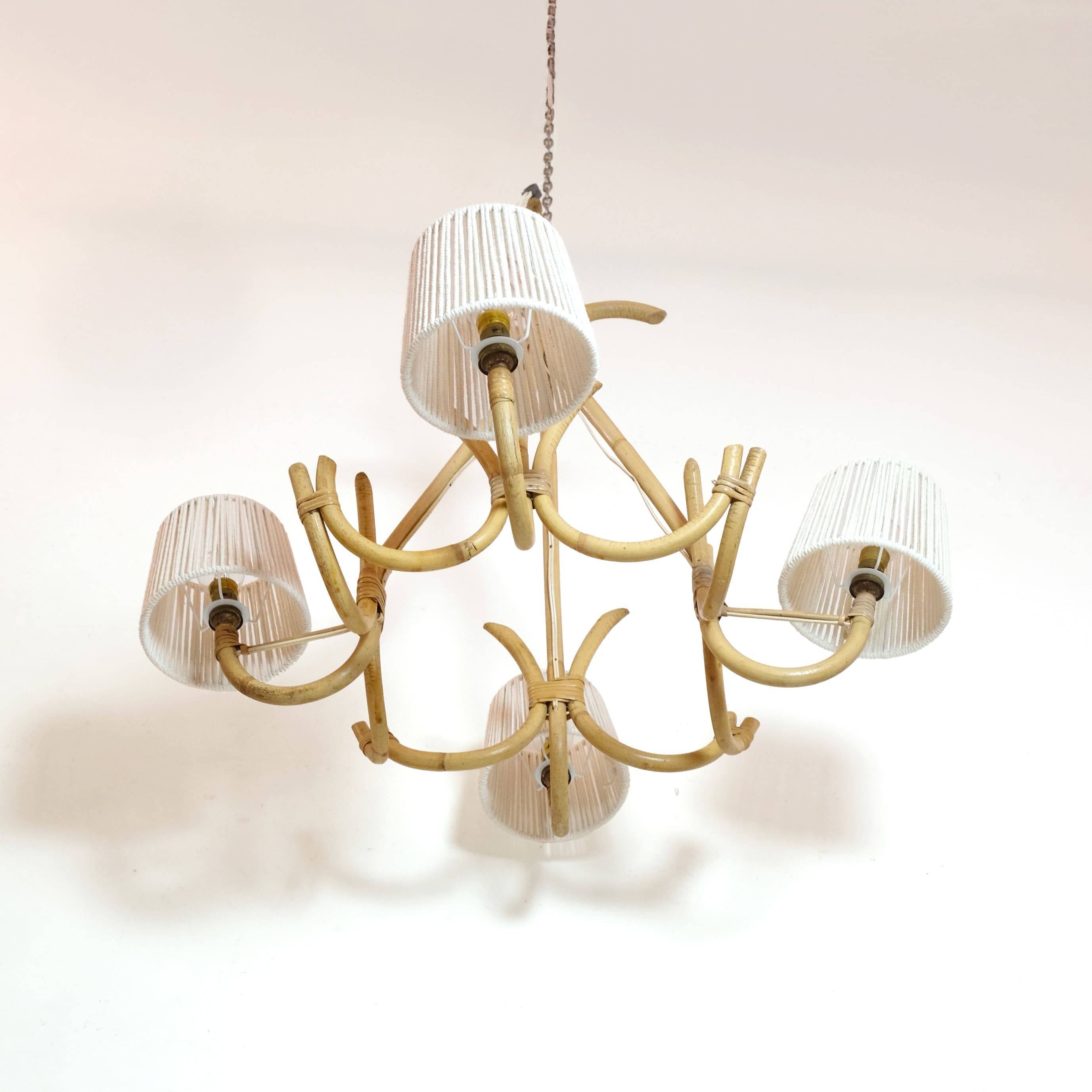 4-light rattan and rope pendant light, 1960-1970.