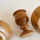 Trio of vintage ceramic and wood egg cups