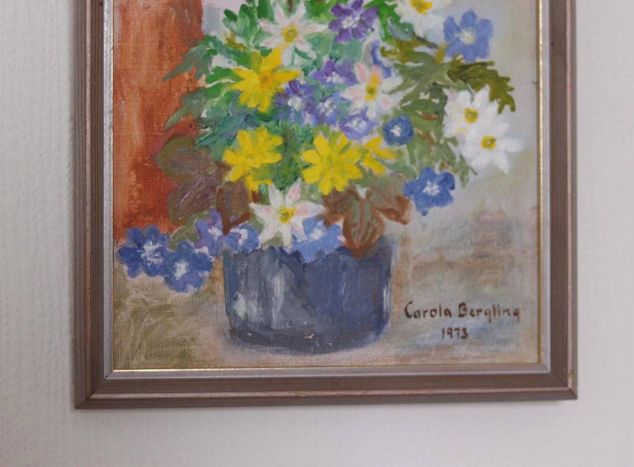 Huile sur toile originale suédoise – « Vase de fleurs » par Carola Bergling