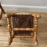 Pair of wooden chairs with herringbone fabric