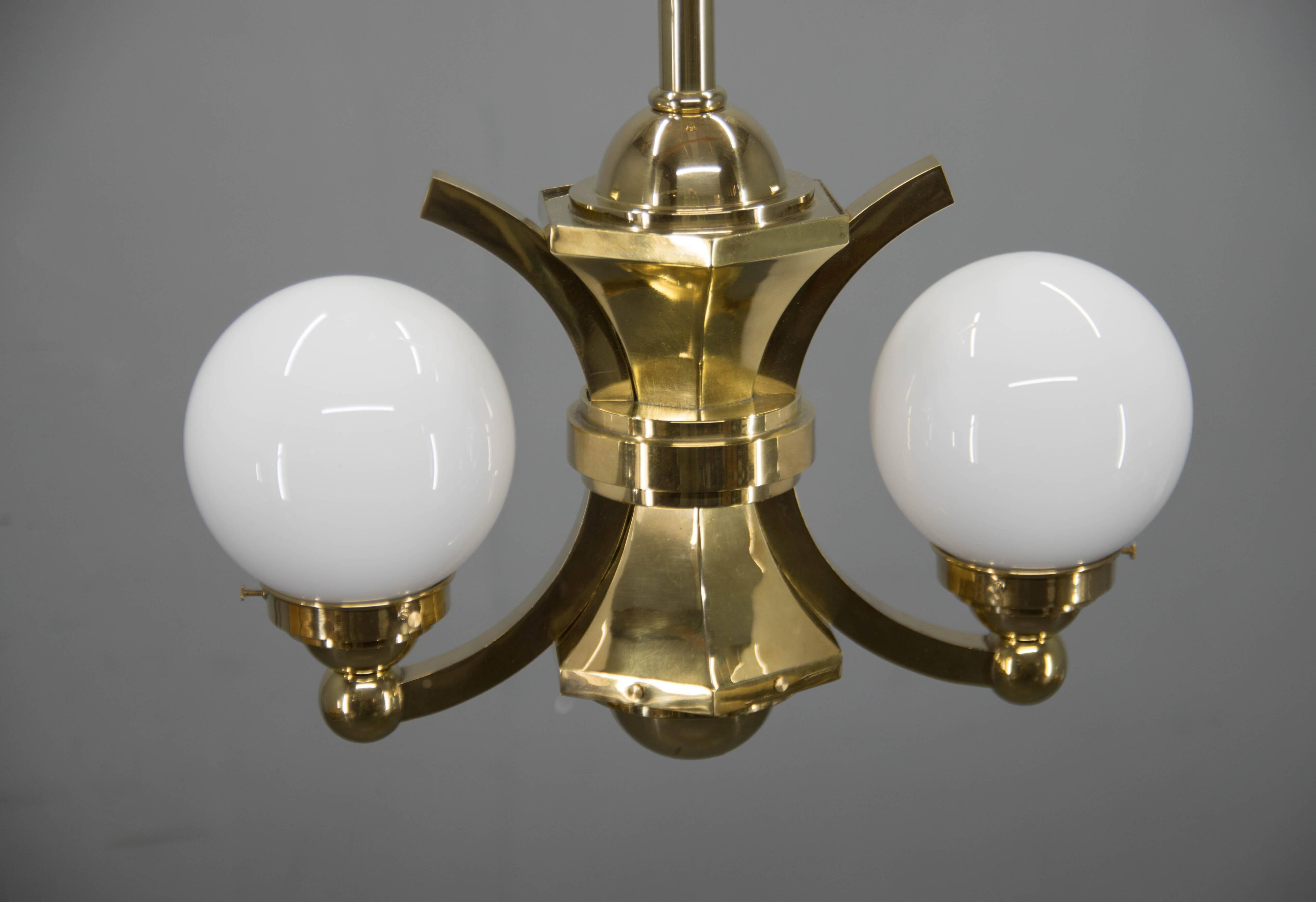 Art Deco Brass and Glass Chandelier by Gocar, 1910s, Restored