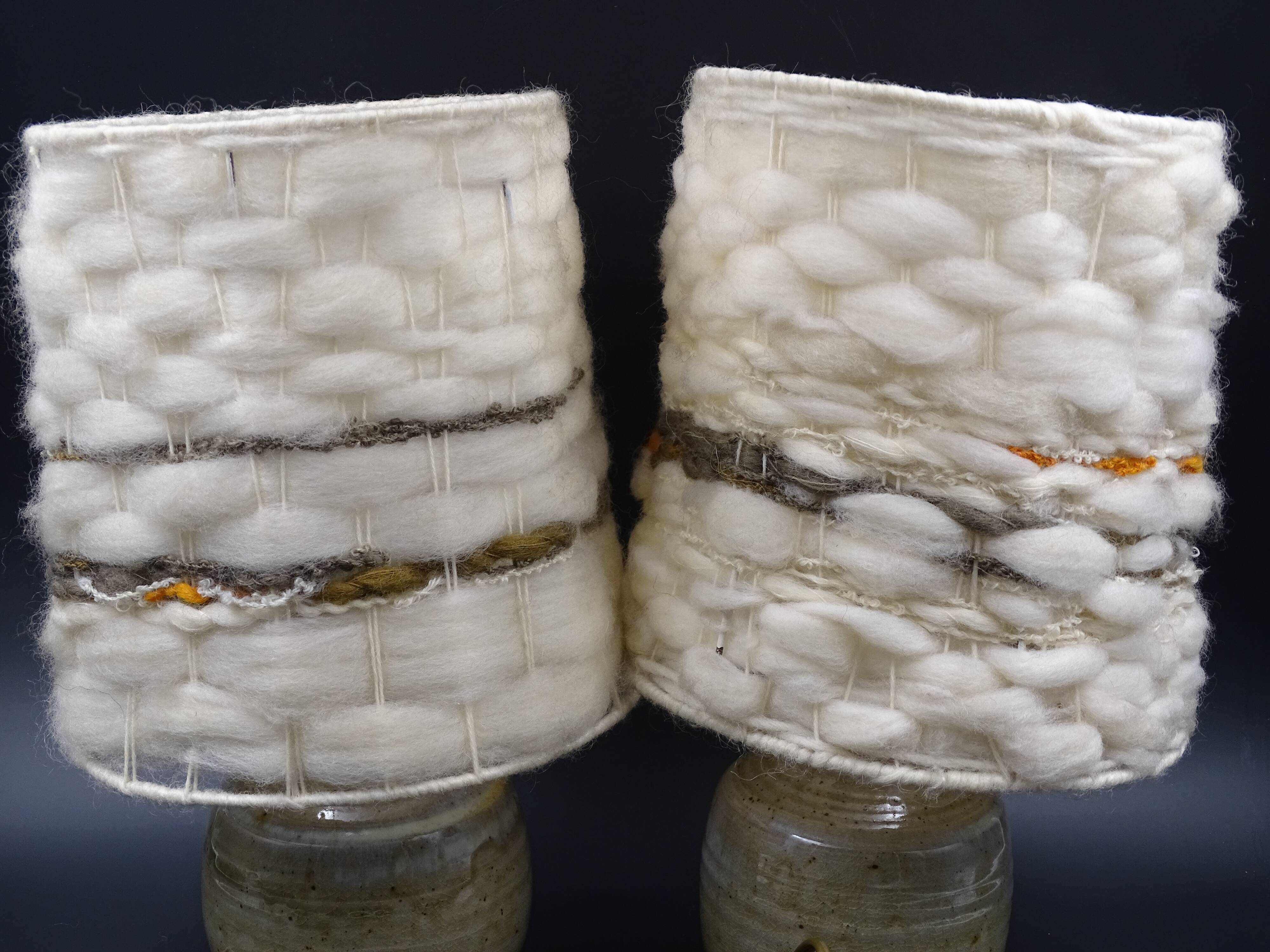 Pair of bedside lamps in stoneware and wool lampshades - Vintage around 1970