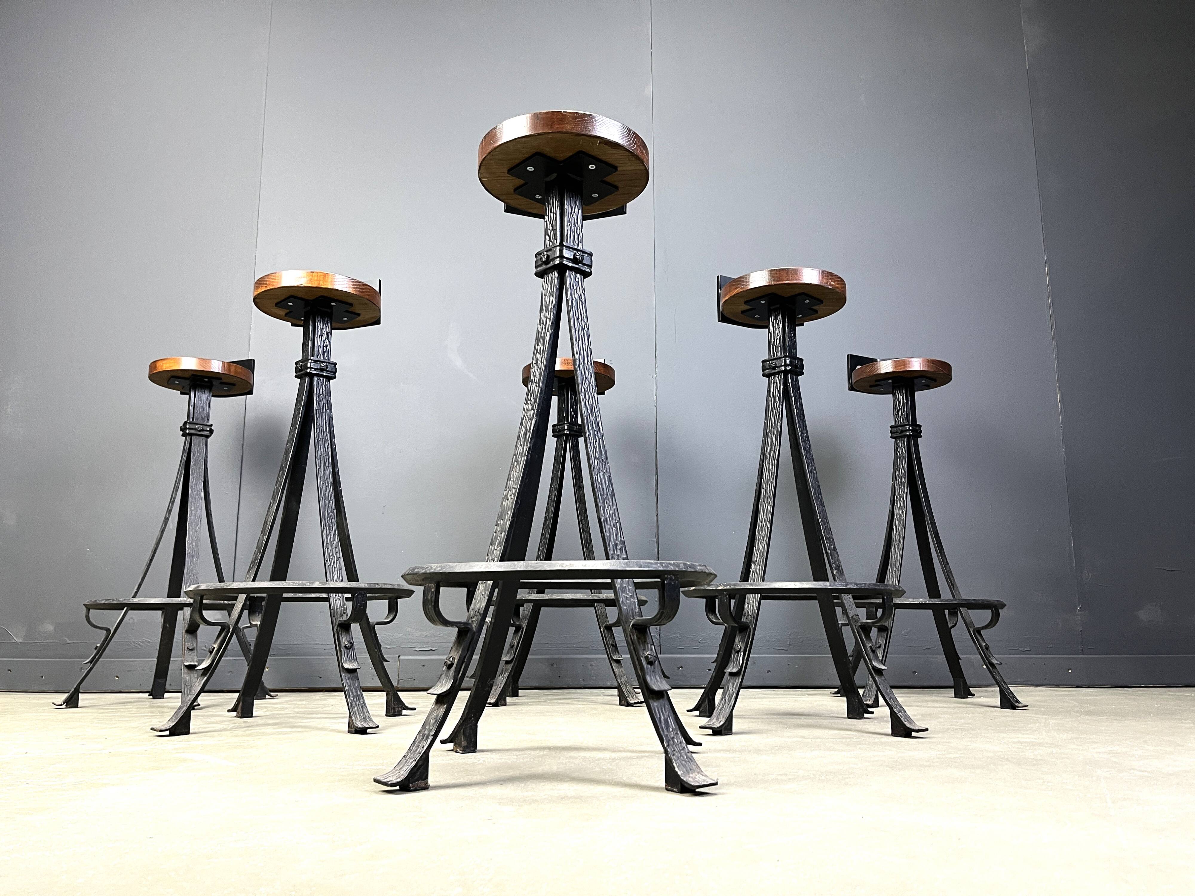 Vintage brutalist wrought iron bar stools, 1970s - set of 6