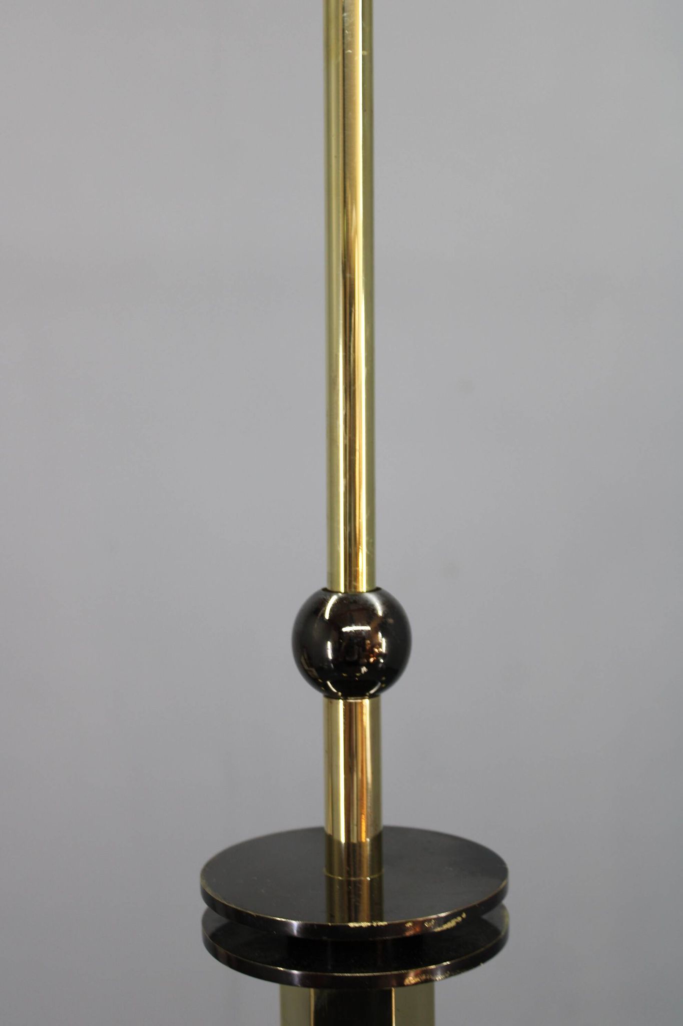 1930s Czech Art Deco brass chandelier with milk glass center and exposed bulbs