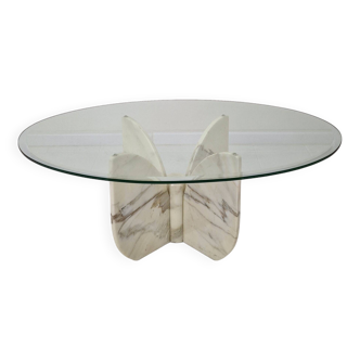 Table basse italienne "Flower" en marbre avec plateau ovale à facettes, années 1970