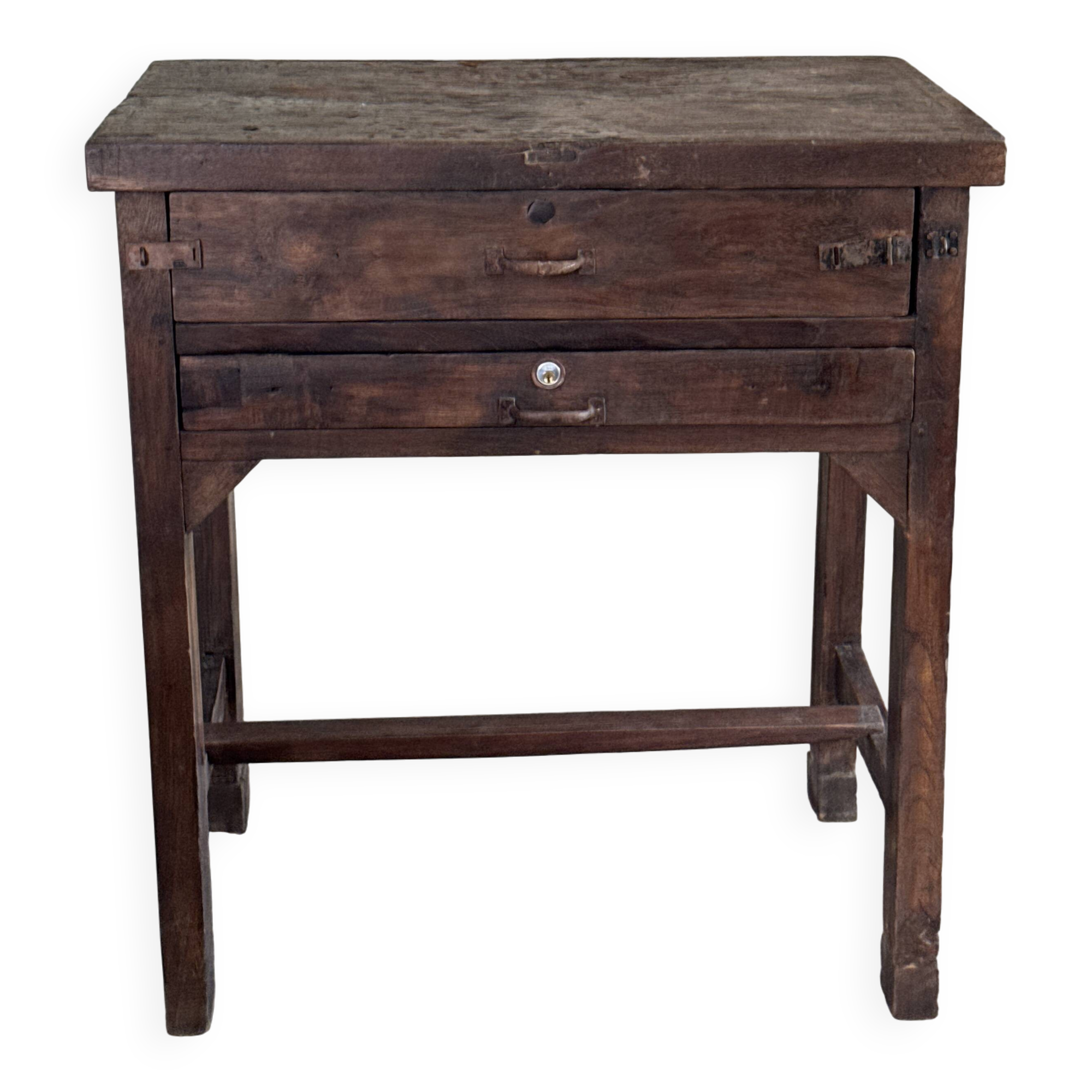 Antique Indonesian teak workbench with two drawers and stretcher H89.