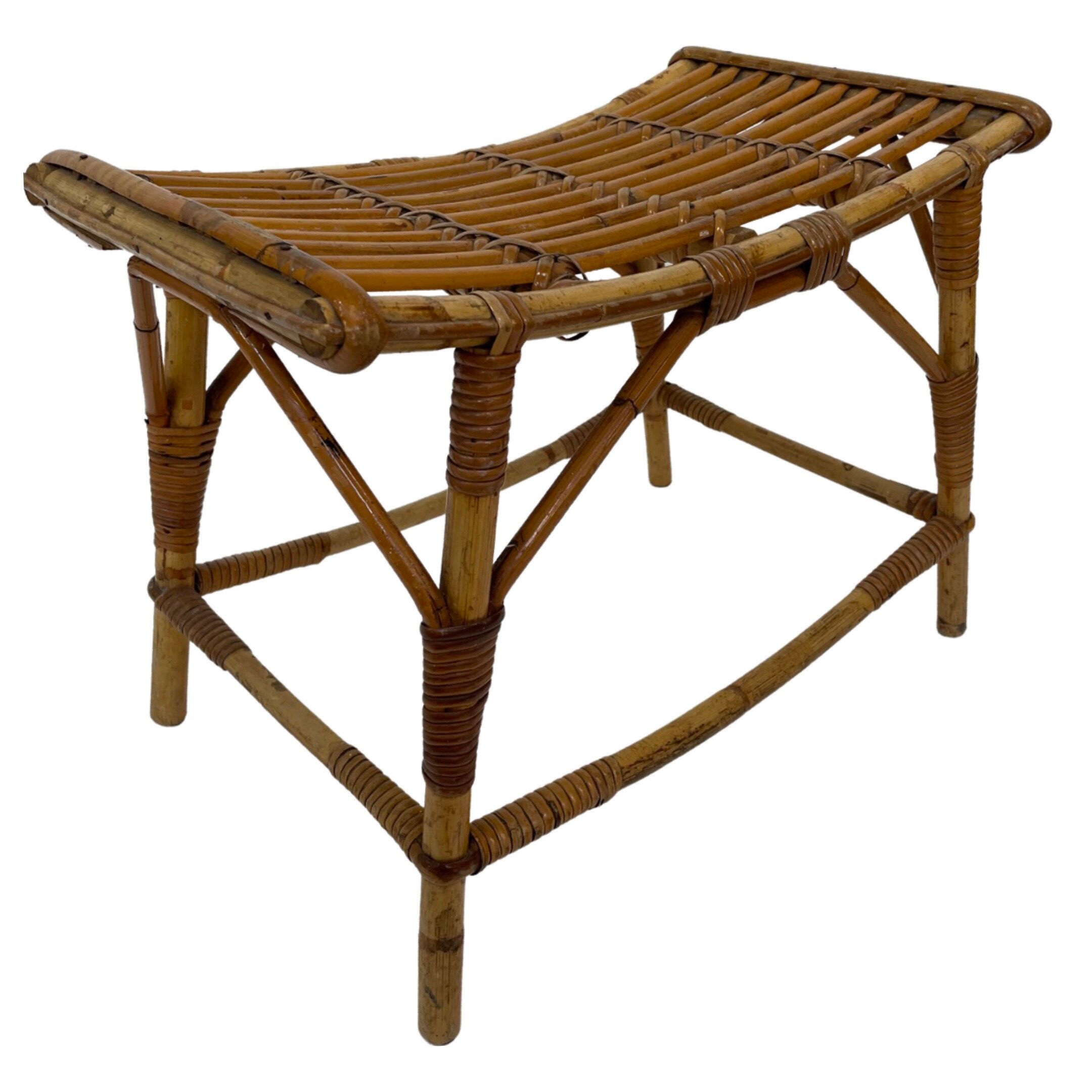 Vintage rattan bamboo footstool stool 1960s