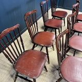 Set of 13 Tacoma Baumann bistro chairs in dark wood and brown leatherette from the 50s