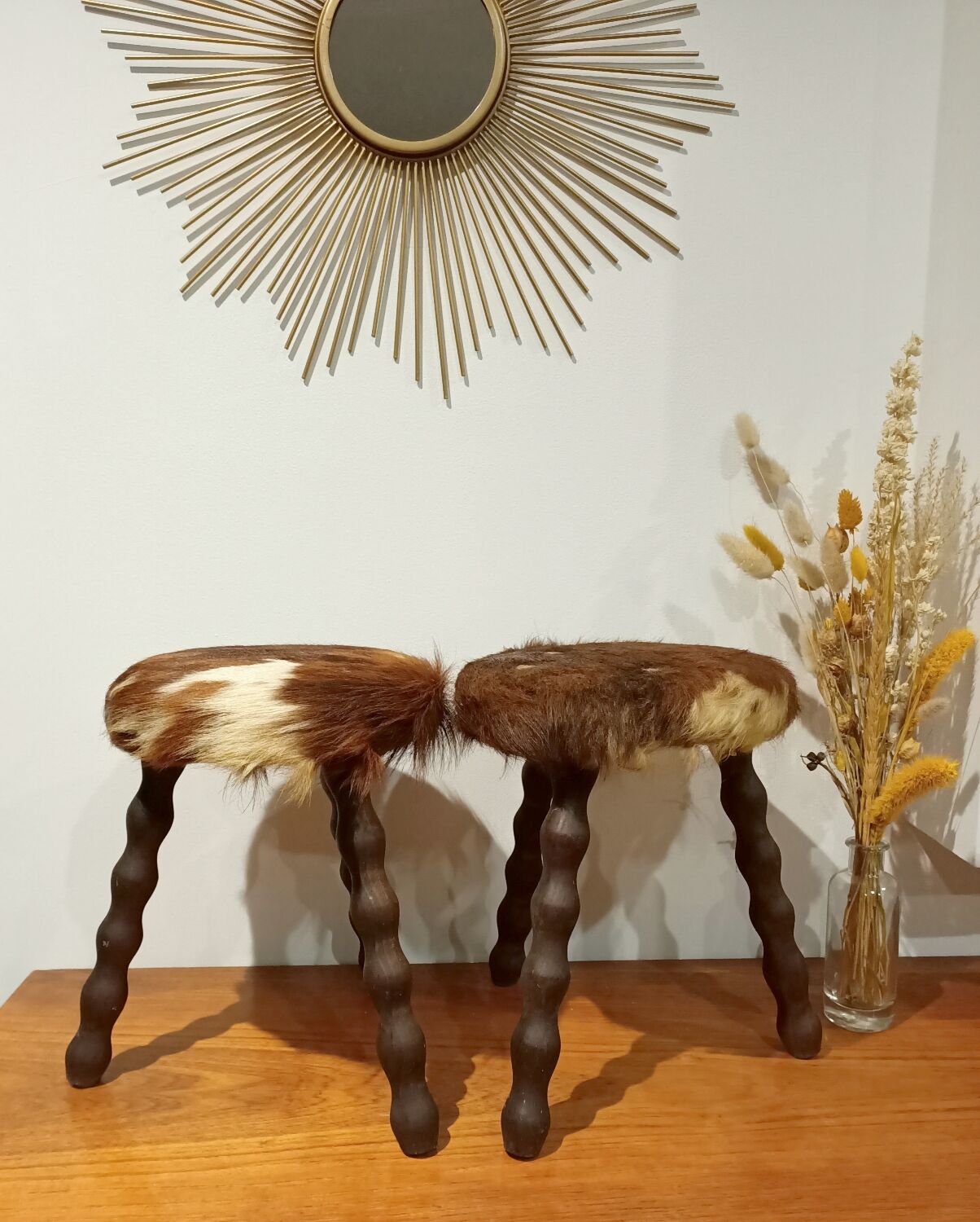 Duo of cowhide stools