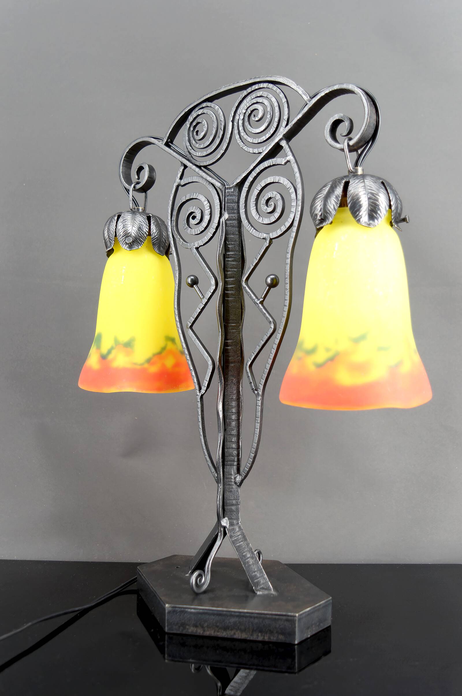 Bicéphale Art Deco lamp in wrought iron – Muller Frères Lunéville, circa 1930