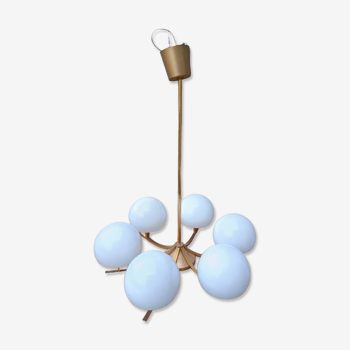 Space-age brass and opaline chandelier