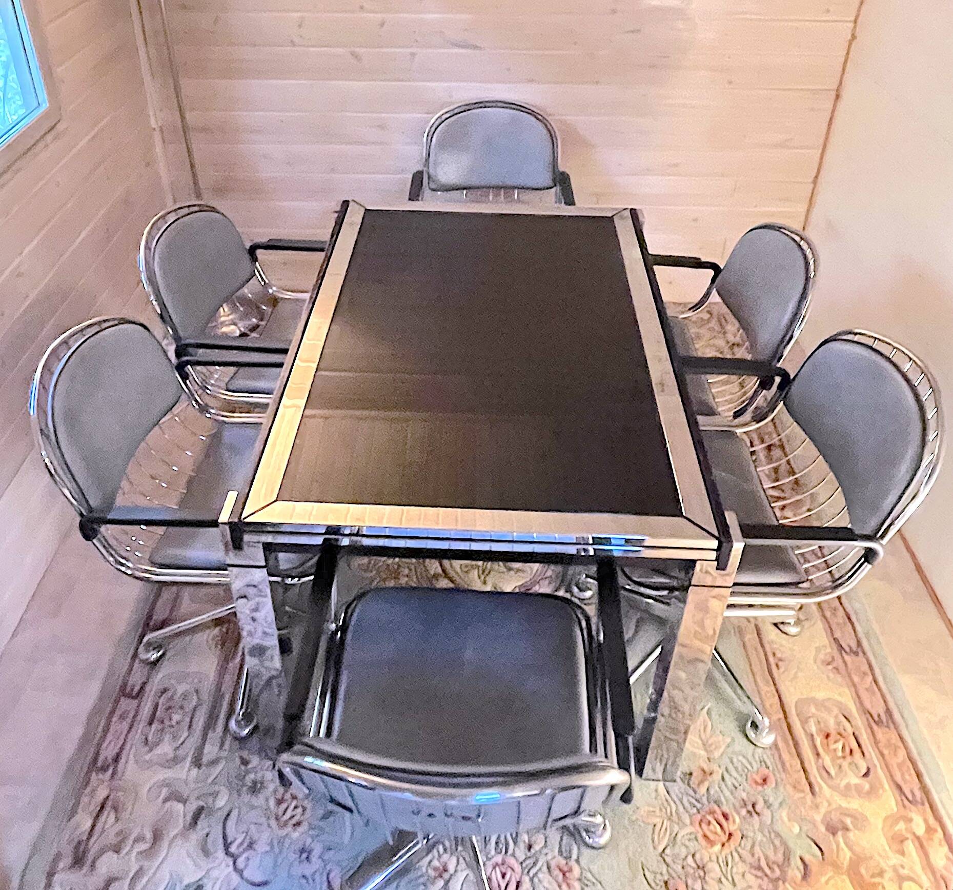 Chrome dining room set, La Metal Arredo and Moltoni&Co, 6 chrome chairs and table, Italy