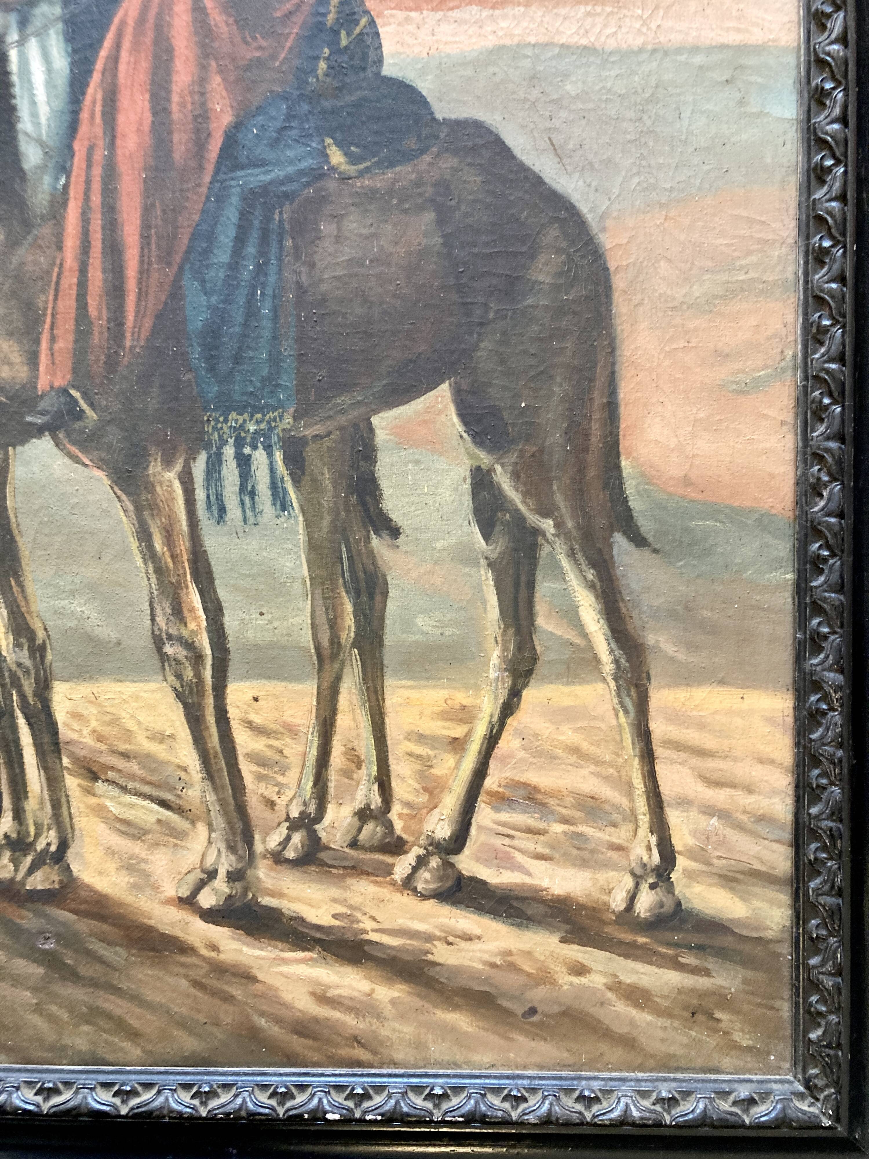 Grand Orientalist painting - the dromedaries and the Bedouins in the desert.