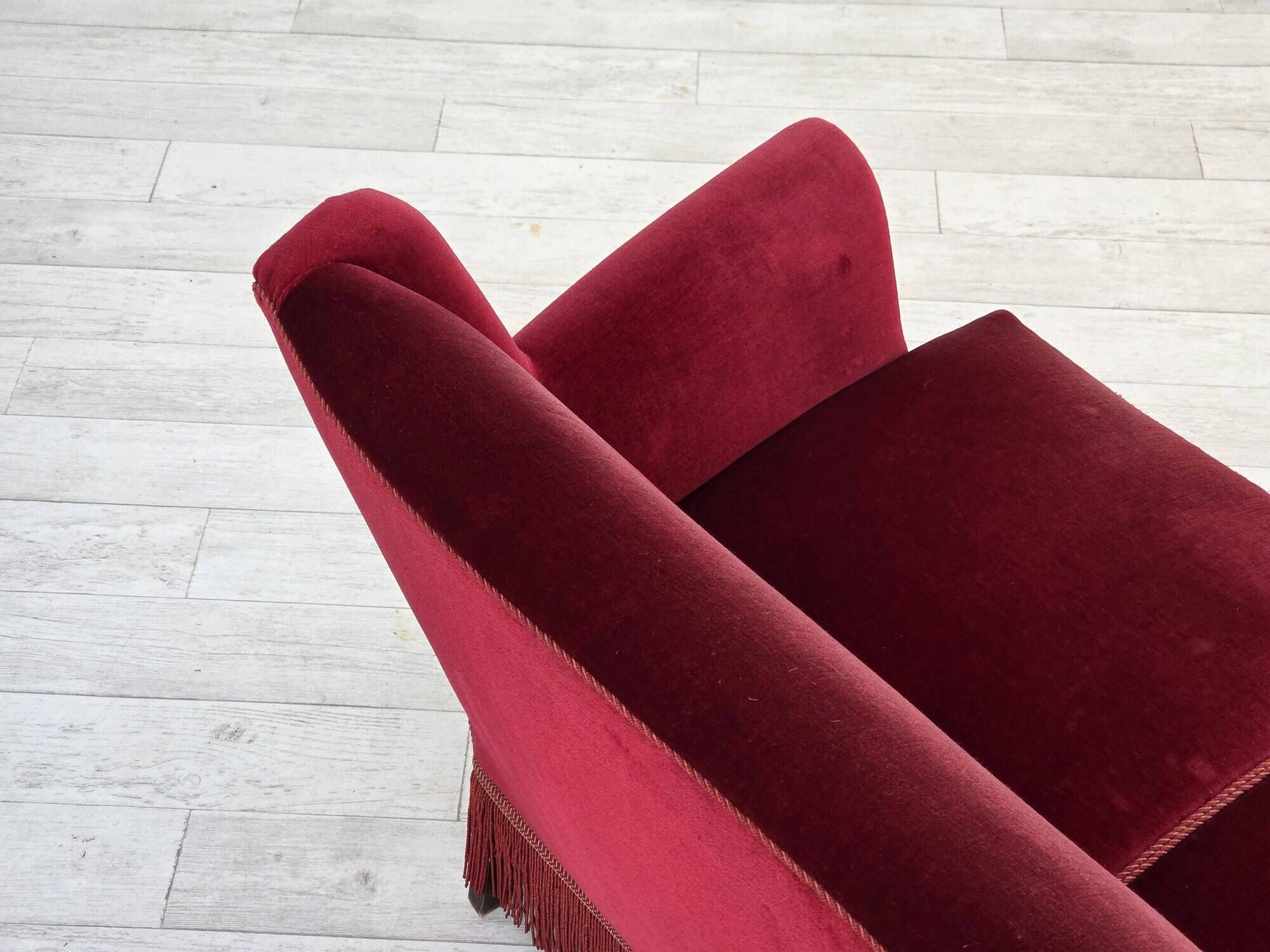 1960s, Danish 3-seater sofa, cherry-red furniture velour, ash wood.