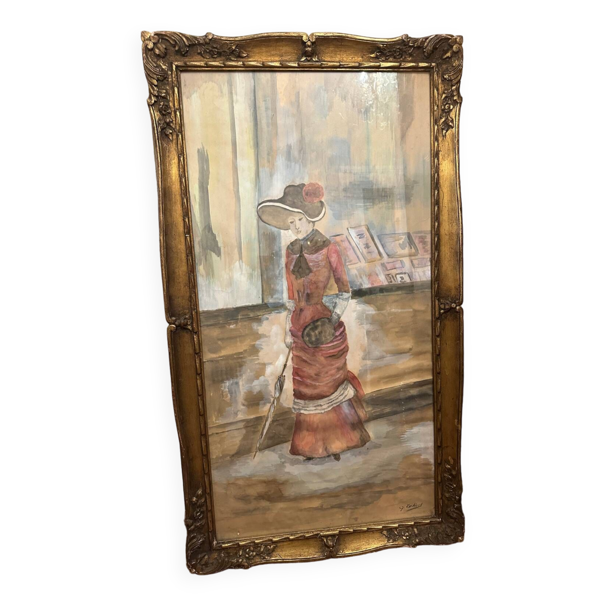Large Framed Watercolor - An Elegant Woman - Signed 1900s